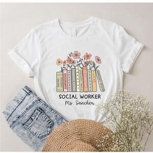 Social Work White Graphic Tee with Floral Book Design